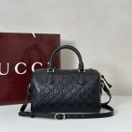 Gucci-Style Top Handle Mini Bag – Black Embossed GG Leather with Gold-Tone Hardware & Adjustable Strap