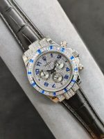 Luxury Rolex-Style Daytona Women's Watch – Diamond-Encrusted Case & Bezel, Blue Sapphire Accents, Black Leather Strap - 图片 2