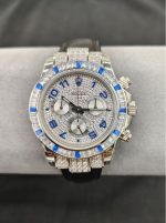 Luxury Rolex-Style Daytona Women's Watch – Diamond-Encrusted Case & Bezel, Blue Sapphire Accents, Black Leather Strap