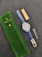 Luxury Rolex-Style Daytona Women's Watch – Diamond-Encrusted Case & Bezel, Blue Sapphire Accents, Black Leather Strap - 图片 10