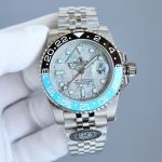 Luxury GMT Watch – Black & Blue Bezel, Silver Marble Dial, Stainless Steel Oyster Bracelet, Dual Time Zone Function