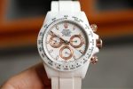 Luxury White Ceramic Chronograph Watch – Rose Gold Accents, Tachymeter Bezel, Rubber Strap, Sporty Elegance