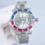 Luxury Submariner-Style Watch – Silver Dial, Blue & Pink Bezel, Stainless Steel Oyster Bracelet, Water Resistant
