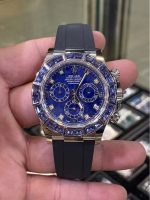 Luxury Blue Sapphire Chronograph Watch – Diamond-Encrusted Bezel, Black Rubber Strap, Sporty Elegance