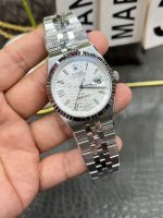 Luxury Oyster Perpetual-Style Watch – Silver Honeycomb Dial, Fluted Bezel, Stainless Steel Bracelet
