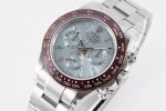 Luxury Daytona-Style Chronograph Watch – Silver Dial, Red Bezel, Stainless Steel Bracelet, Tachymeter Scale