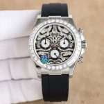 Luxury Diamond-Encrusted Chronograph Watch – Black Dial, Crystal Bezel, Rubber Strap, Elegant Men's Timepiece