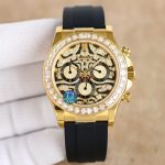 Luxury Diamond-Encrusted Chronograph Watch – Black Dial, Crystal Bezel, Rubber Strap, Elegant Men's Timepiece - 图片 5