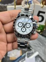 Luxury Daytona-Style Chronograph Watch – White Dial, Black Ceramic Bezel, Stainless Steel Bracelet