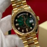 Luxury Full Gold Day-Date-Style Watch – Green Sunburst Dial, Diamond Hour Markers, Fluted Bezel