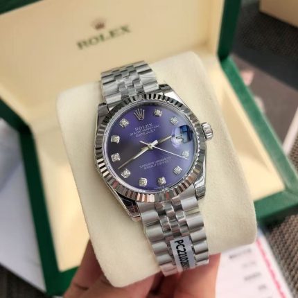 Luxury Datejust-Style Watch – Deep Purple Dial, Diamond Hour Markers, Fluted Bezel, Stainless Steel Bracelet