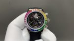 Luxury Rainbow Daytona-Style Chronograph Watch – Rose Gold Case, Multicolored Gemstone Bezel, Black Dial with Three Sub-Dials
