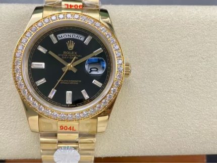 Luxury Full Gold Day-Date-Style Watch – Black Dial, Diamond Bezel, Dual Calendar Display