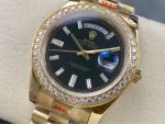 Luxury Full Gold Day-Date-Style Watch – Black Dial, Diamond Bezel, Dual Calendar Display - 图片 4
