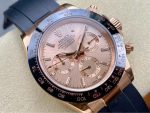 Luxury Daytona-Style Chronograph Watch – Rose Gold Case, Champagne Dial, Black Ceramic Bezel, Rubber Strap