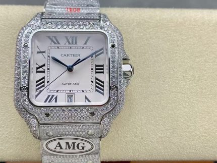 Cartier Santos-Dumont – Women's Full Diamond Pave Automatic Watch with White Dial, Roman Numerals, and Integrated Bracelet