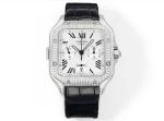 Cartier Santos de Cartier – Women's Diamond-Paved Chronograph Automatic Watch with White Dial, Roman Numerals, and Black Alligator Strap