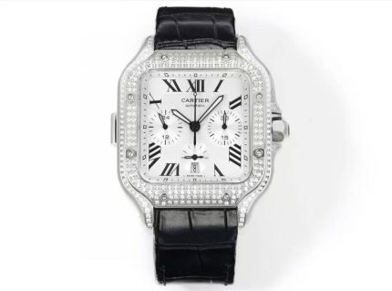 Cartier Santos de Cartier – Women's Diamond-Paved Chronograph Automatic Watch with White Dial, Roman Numerals, and Black Alligator Strap