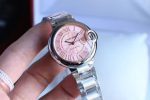 Cartier Ballon Bleu – Women's Stainless Steel Automatic Watch with Pink Dial, Roman Numerals, and Integrated Bracelet