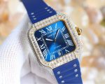 Cartier Santos-Dumont – Women's Diamond-Paved Automatic Watch with Blue Dial, Roman Numerals, and Blue Rubber Strap
