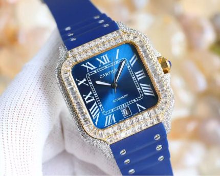 Cartier Santos-Dumont – Women's Diamond-Paved Automatic Watch with Blue Dial, Roman Numerals, and Blue Rubber Strap