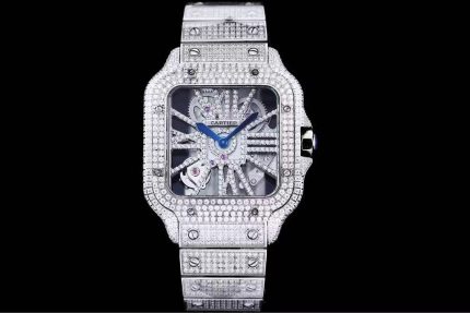 Cartier Santos-Dumont – Men's Fully Diamond-Paved Automatic Skeleton Watch with Transparent Dial and White Gold Bracelet