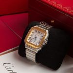 Cartier Santos-Dumont – Men's Two-Tone Stainless Steel & Yellow Gold Automatic Watch with White Dial, Roman Numerals, and Integrated Bracelet