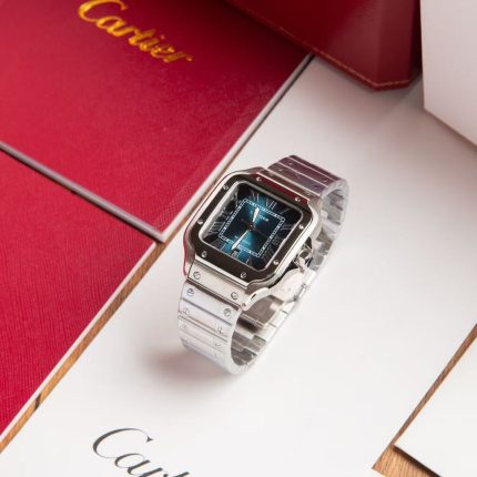 Cartier Santos-Dumont – Men's Stainless Steel Automatic Watch with Blue Sunburst Dial, Roman Numerals, and Integrated Bracelet
