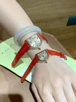 Cartier Santos-Dumont – Women's Mini Two-Tone Watch Set with Red Alligator Strap, Roman Numerals, and Blue Sapphire Crown - 图片 2