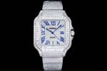 Cartier Santos-Dumont – Men's Fully Diamond-Paved Automatic Watch with Blue Roman Numerals and 18K White Gold Case
