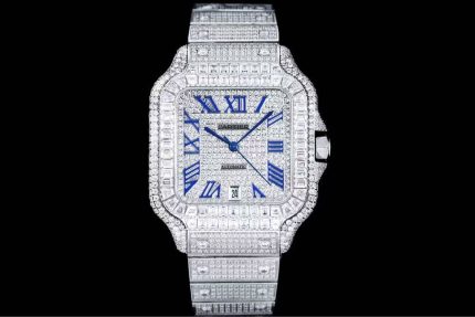 Cartier Santos-Dumont – Men's Fully Diamond-Paved Automatic Watch with Blue Roman Numerals and 18K White Gold Case