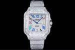 Cartier Santos-Dumont – Men's Fully Diamond-Paved Automatic Watch with Blue Roman Numerals and 18K White Gold Case