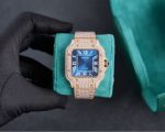 Cartier Santos-Dumont – Women's 18K Rose Gold Fully Diamond-Paved Watch with Purple Arabic Numerals and Blue Sapphire Crown