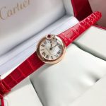 Cartier Ballon Bleu – Women's 18K Rose Gold Watch with Ruby Crown, Mother-of-Pearl Dial, Roman Numerals, and Red Alligator Strap