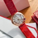 Cartier Ballon Bleu – Women's 18K Rose Gold Watch with Ruby Crown, Mother-of-Pearl Dial, Roman Numerals, and Red Alligator Strap - 图片 4