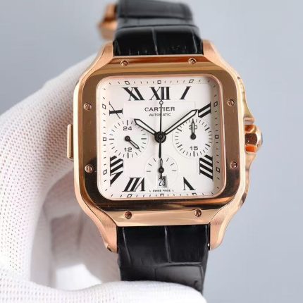 Cartier Santos-Dumont – Men's 18K Rose Gold Chronograph Watch with White Dial, Roman Numerals, and Black Alligator Strap