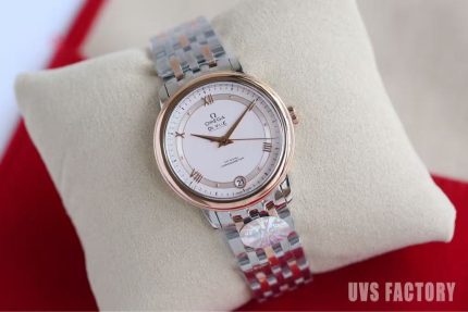 Omega De Ville, two-tone bracelet, rose gold bezel, white dial, Roman numerals, Co-Axial movement, stainless steel bracelet, sapphire crystal, men's dress watch, classic timepiece, UVS Factory