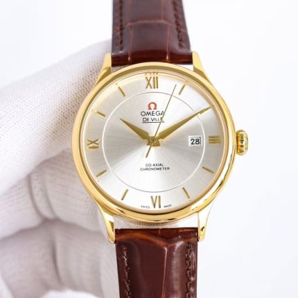 Omega De Ville – Men's Gold-Plated Case with Silver Dial and Brown Leather Strap
