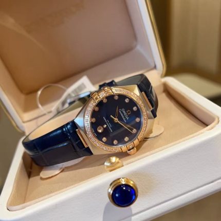 Omega Constellation – Women's Rose Gold Two-Tone Watch with Blue Dial, Diamond Bezel, and Leather Strap
