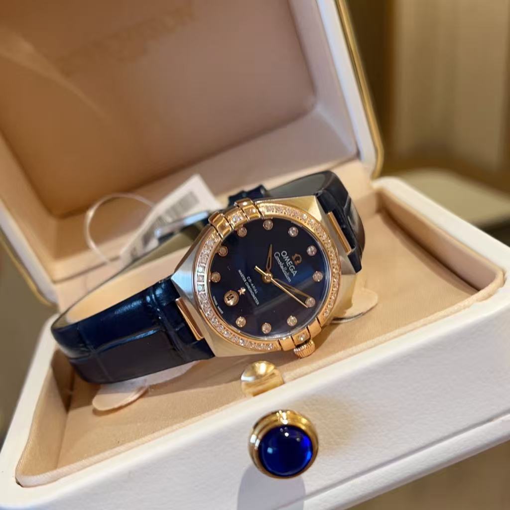 微信图片_20250925161347_4083_76 Omega Constellation – Women's Rose Gold Two-Tone Watch with Blue Dial, Diamond Bezel, and Leather Strap - 图片 1