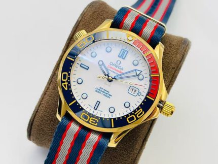 Omega Seamaster Professional – Men's White Dial with Gold Case, Blue & Red Bezel, and NATO-Style Strap, Co-Axial Chronometer
