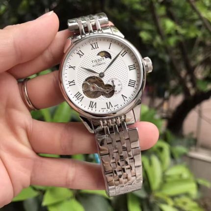 Tissot Automatic Watch – Moon Phase & Open Heart Design, Roman Numerals, Stainless Steel Bracelet