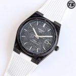Tissot PRX Powermatic 80 Watch – Carbon Fiber Texture Case, White Rubber Strap, Swiss Made Automatic