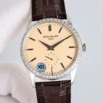Patek Philippe Calatrava – Men's Champagne Dial with Diamond Bezel, Stainless Steel Case, and Brown Alligator Strap