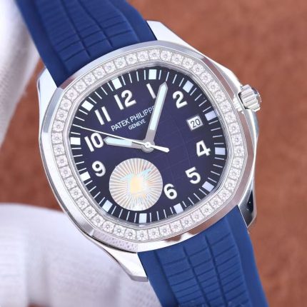 Patek Philippe Aquanaut – Men's Blue Dial with Diamond Bezel, Rubber Strap, and Date Display