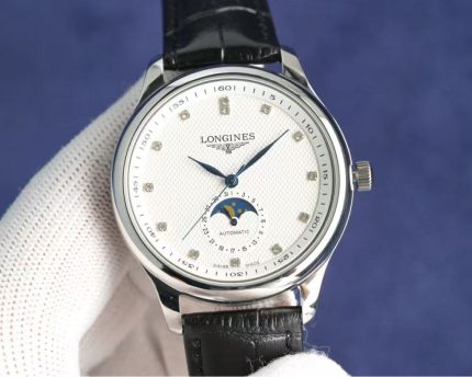 Longines Master Collection – Men's Stainless Steel Automatic Watch with Moon Phase, Diamond Hour Markers, and White Dial