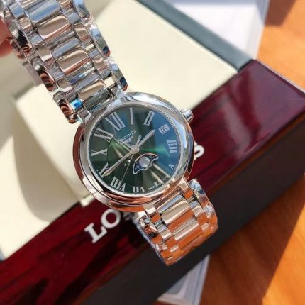 Longines DolceVita – Women's Two-Tone Stainless Steel Watch with Green Gradient Dial, Moon Phase, and Roman Numerals