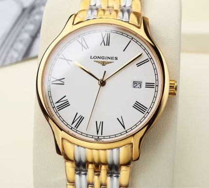 Longines Master Collection – Men's Two-Tone Gold-Plated Stainless Steel Watch with White Dial, Roman Numerals, and Date Window