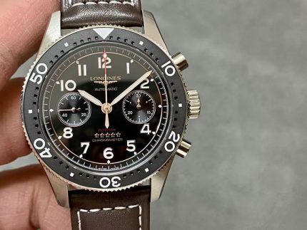 Longines Flyback Chronograph – Men's Stainless Steel Automatic Watch with Black Dial, Flyback Function, and Brown Leather Strap