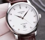 Longines Master Collection – Men's Stainless Steel Automatic Watch with White Dial, Diamond Hour Markers, and Brown Leather Strap - 图片 2